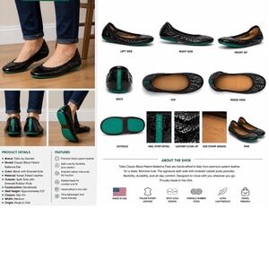 Tieks by Gavrieli Classic Black Patent Ballerina Flats Emerald Sole Womens 10